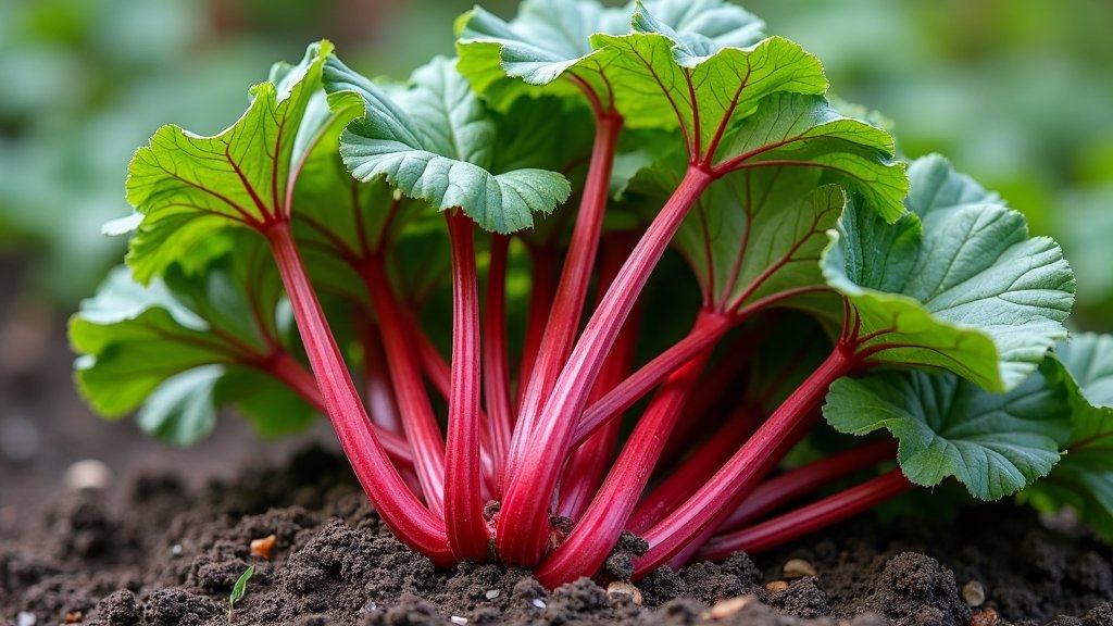 Mature rhubarb plant with large, vibrant red and green stalks