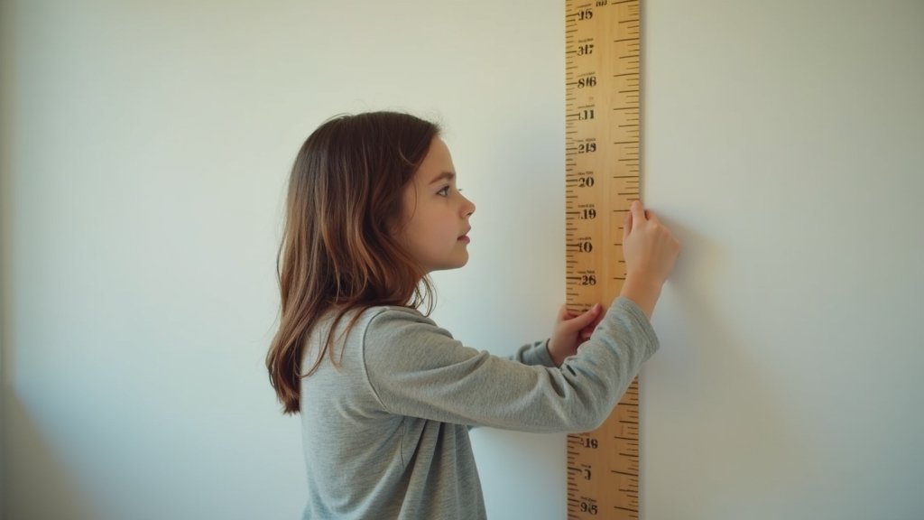 Teen girl measuring height | Full-body shot, girl standing against a growth chart wall | Documentary, authentic | Soft, natural morning light from a window | DSLR, 50mm lens | Focus on the measurement markings, expression of anticipation
