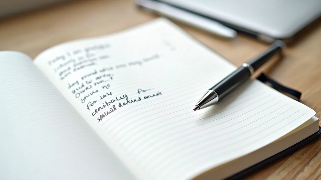 A detailed journal and pen | Overhead shot of an open journal with a gratitude list and goals | Clean, minimalist | Bright, natural light from a window | Close-up | Show the words