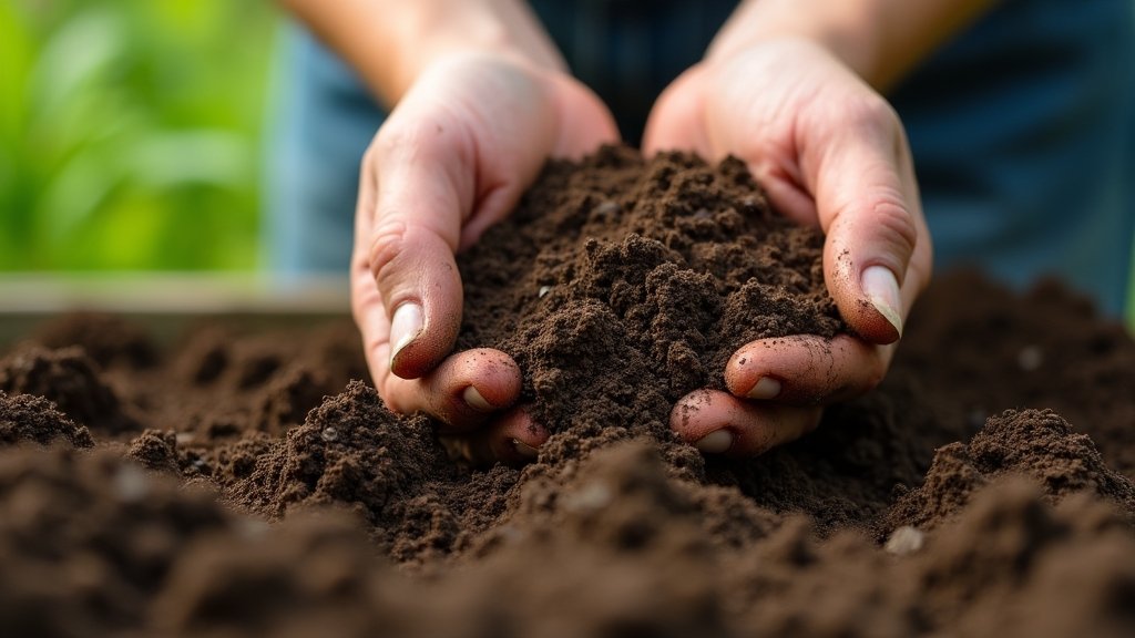 Close-up of a gardener's hands amending soil with compost
