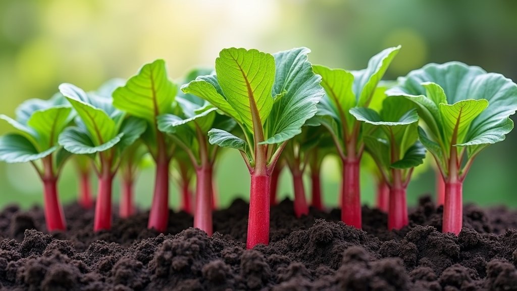 A newly planted rhubarb crown showing the buds at soil level