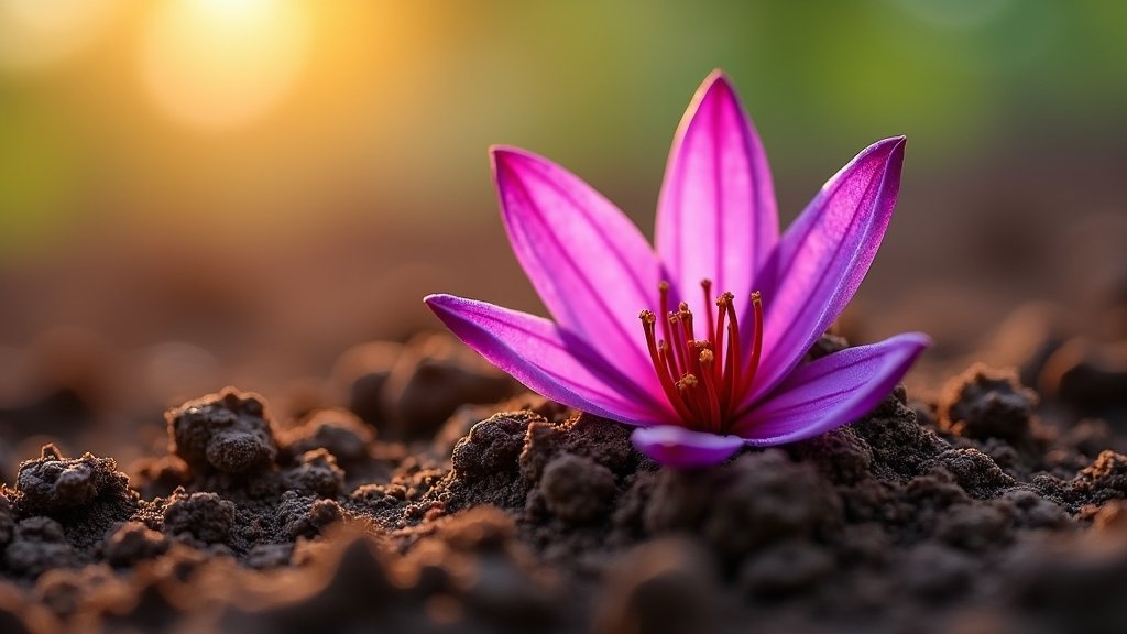 Healthy Saffron Harvest | A vibrant purple saffron flower with red stigmas being harvested from well-drained soil | Natural, Vibrant | Warm morning light | Close-up | Highlight the flower emerging from the ideal soil medium