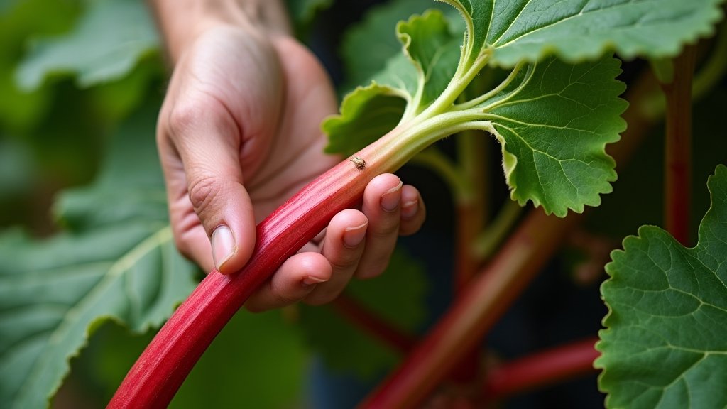 A hand twisting and pulling a ripe rhubarb stalk from the base of the plant