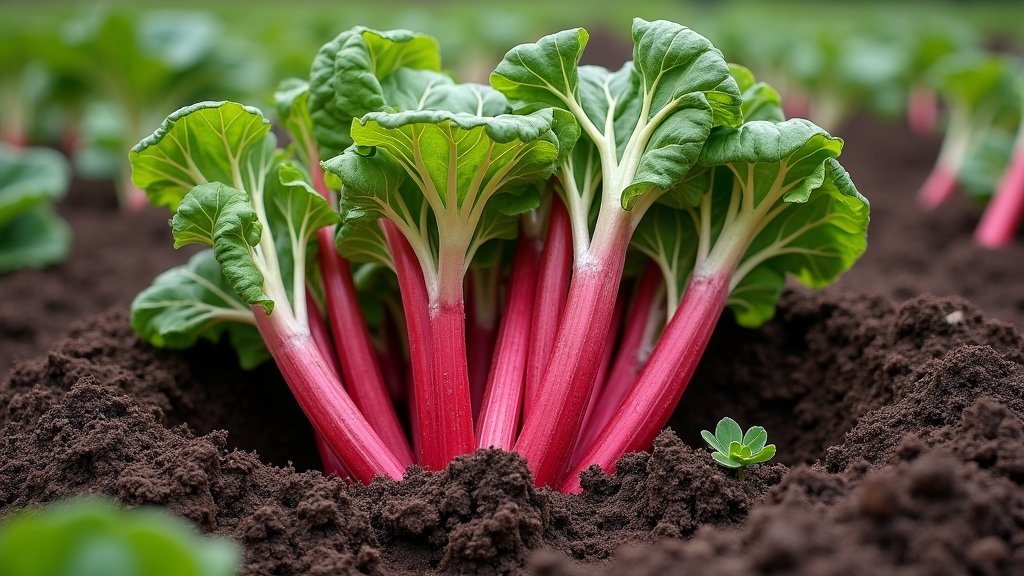 A rhubarb crown that has been dug up and divided into several sections