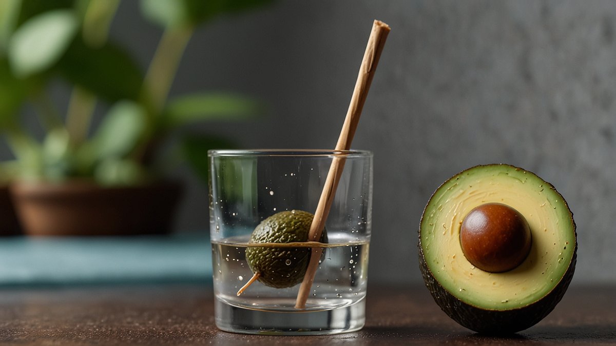 A clear glass with an avocado seed suspended over water by toothpicks, showing initial root development